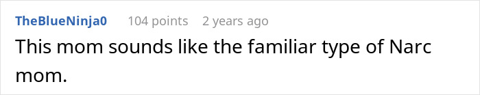 Comment text saying this mom sounds like a familiar type of narcissistic mom in a social media discussion thread. Comment text saying this mom sounds like a familiar type of narcissistic mom in a social media discussion thread.