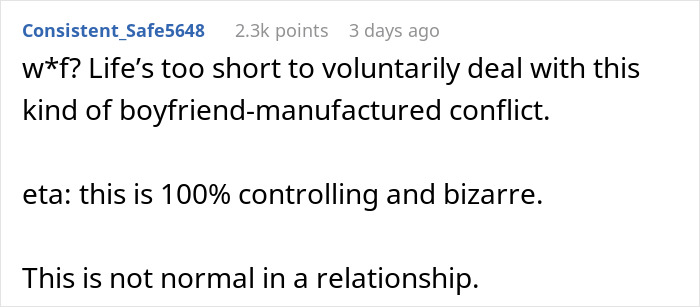 Screenshot of a Reddit comment describing a boyfriend shaming his girlfriend for liking fiction and calling it make-believe.
