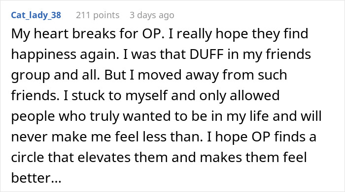 Screenshot of an online comment expressing support for a woman who found secret texts of fiancé complaining about her appearance. Screenshot of an online comment expressing support for a woman who found secret texts of fiancé complaining about her appearance.