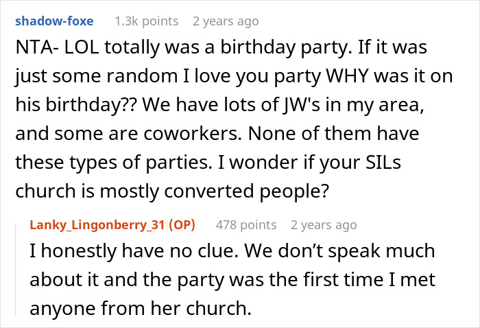 Comments discussing a Jehovah's Witness mom celebrating her kid’s birthday under a new name and family reactions.