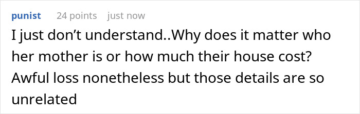 Comment discussing confusion about the relevance of a sorority girl's family wealth in a tragic accident news context. Comment discussing confusion about the relevance of a sorority girl's family wealth in a tragic accident news context.