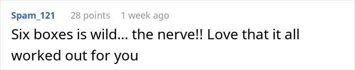 Text comment on a white background discussing six boxes and expressing excitement, related to mil-demands wedding venue changes stuck storm. Text comment on a white background discussing six boxes and expressing excitement, related to mil-demands wedding venue changes stuck storm.