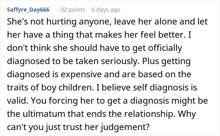Reddit comment discussing a woman excusing behavior with self-diagnosed autism and boyfriend&rsquo;s reaction.