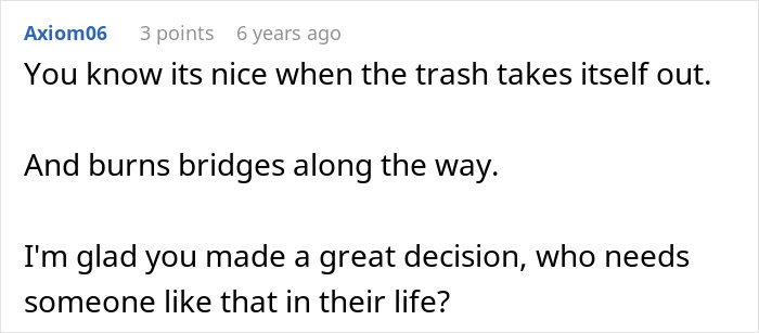 Comment stating relief about someone toxic removing themselves and burning bridges, related to MIL poisoning family dog and verbal attacks.