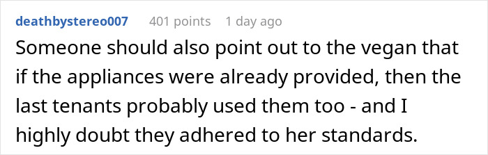 Comment discussing a person refusing to follow roommate’s strict vegan kitchen rules, sparking a selfishness debate. Comment discussing a person refusing to follow roommate’s strict vegan kitchen rules, sparking a selfishness debate.