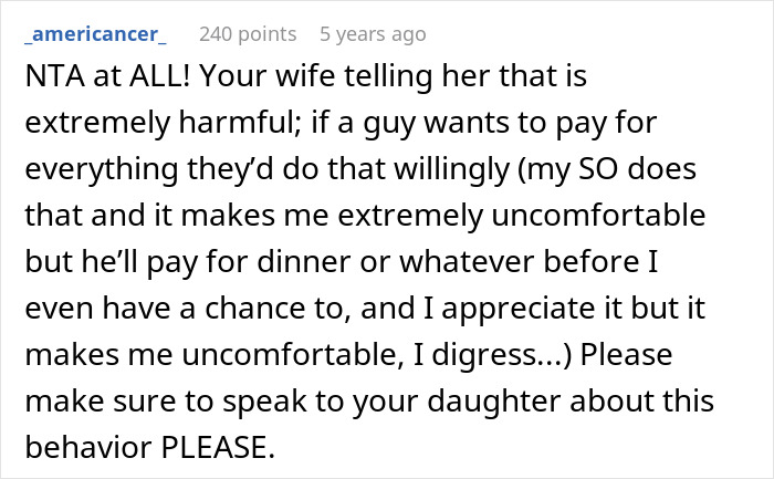 User comment criticizing wife teaching daughter to treat boyfriend like a personal ATM, urging a talk about behavior.