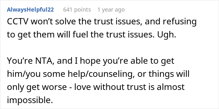 Comment discussing trust issues in marriage, mentioning CCTV installation and the impact on relationship counseling. Comment discussing trust issues in marriage, mentioning CCTV installation and the impact on relationship counseling.