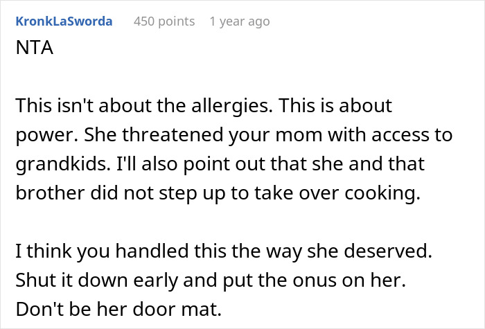 Screenshot of a Reddit comment discussing family conflict over allergies and grandkids, highlighting a reality check.