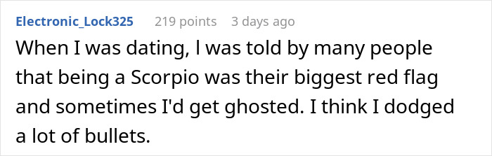 User comment about dating challenges linked to astrology signs, mentioning Scorpio as a red flag and ghosting experiences.