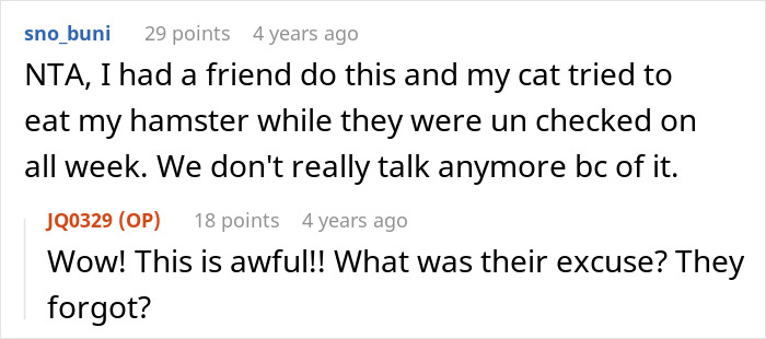 Reddit conversation about owner trusting bestie with bunny care who goes MIA during vacation, causing damage before texting back.