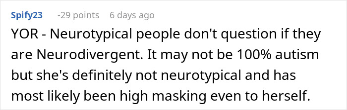 Comment discussing a woman self-diagnosing autism and experiencing high masking, shared in an online forum. Comment discussing a woman self-diagnosing autism and experiencing high masking, shared in an online forum.