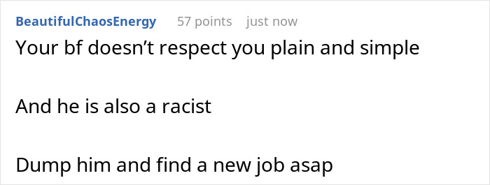 Reddit comment urging a woman to dump her boyfriend, calling him a racist, mentioning racist gift Reddit comment urging a woman to dump her boyfriend, calling him a racist, mentioning racist gift