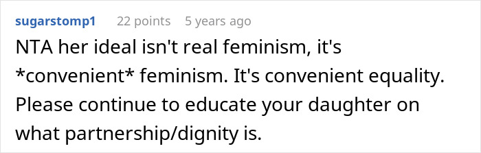 Screenshot of an online comment about a dad calling out wife after she teaches their daughter to treat her boyfriend like a personal ATM.