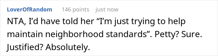 Comment from online discussion about HOA snitch causing petty war over grass height, featuring rulebooks and tape measure.