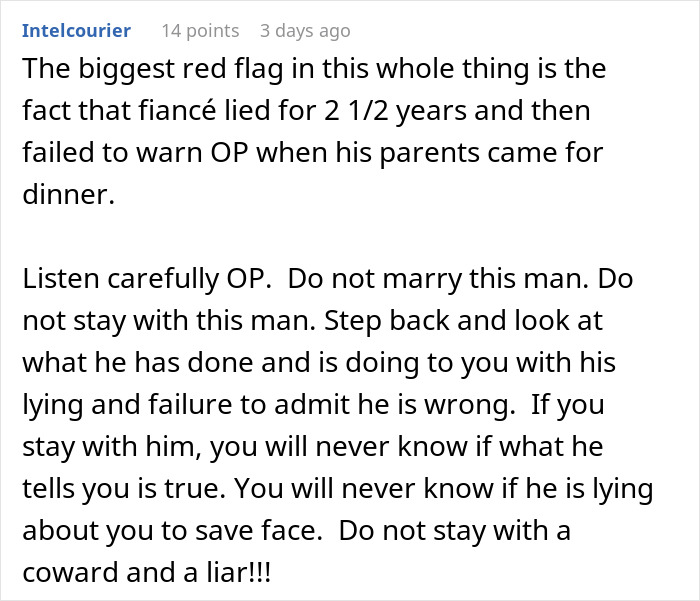 Text discussing a woman rethinking her engagement after fiancé’s lie about her family is revealed during holiday dinner.