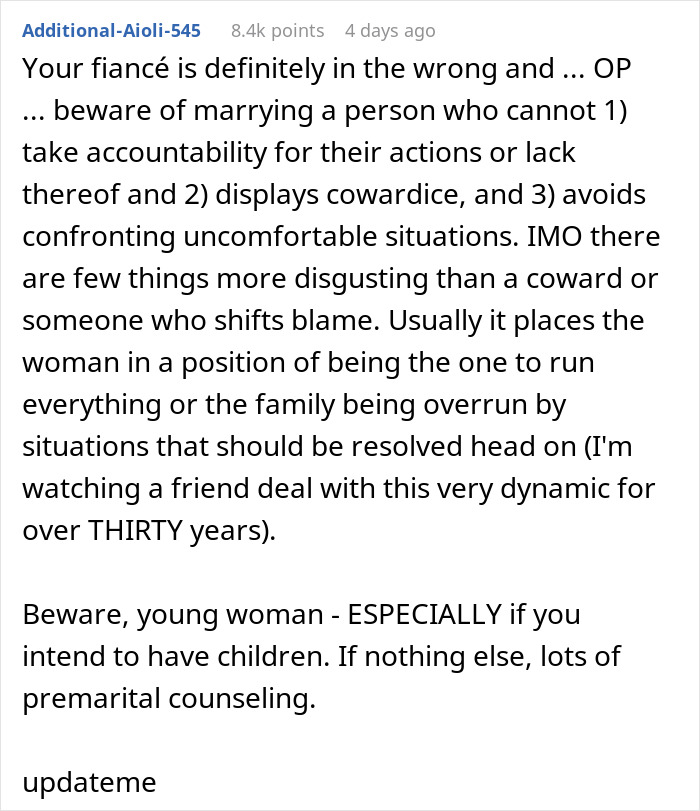 Commenter warns woman rethinking engagement after fiancé’s lie about her family causes conflict during holiday dinner.