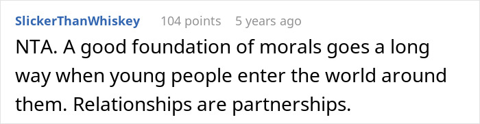 Comment highlighting the importance of teaching relationships as partnerships, not personal ATMs, in family discussions.