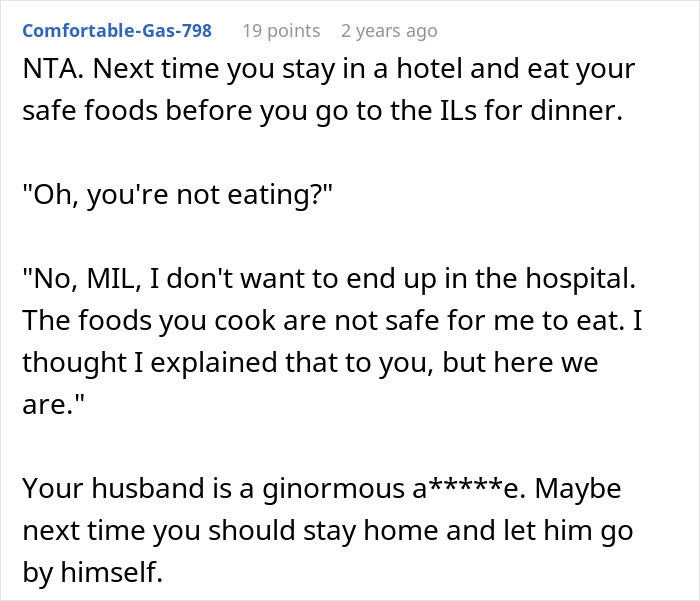 Screenshot of a Reddit comment advising a woman about handling picky eater allergies in husband’s family dinner situations. Screenshot of a Reddit comment advising a woman about handling picky eater allergies in husband’s family dinner situations.