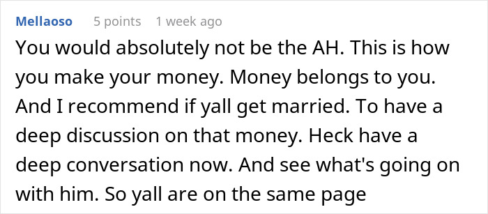 Screenshot of a user comment discussing entitlement and money in the context of mother expenses split with son and girlfriend. Screenshot of a user comment discussing entitlement and money in the context of mother expenses split with son and girlfriend.