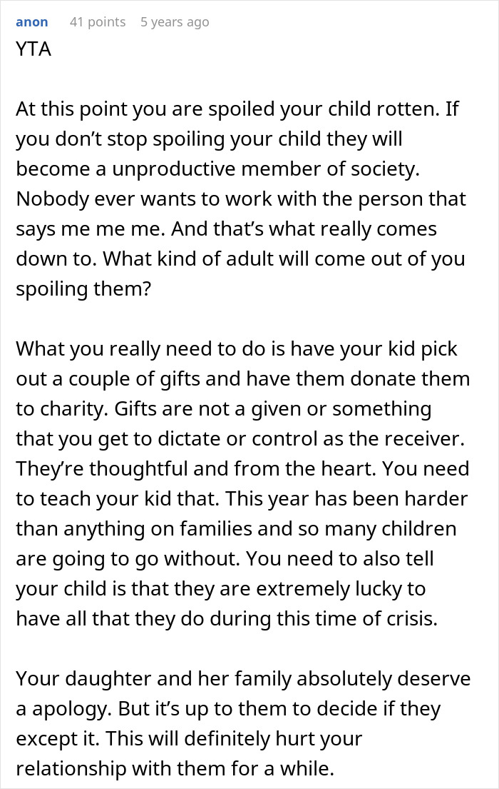 Comment criticizing a dad demanding family skip Hanukkah gifts due to spoiled son&rsquo;s tantrums and entitlement behavior.