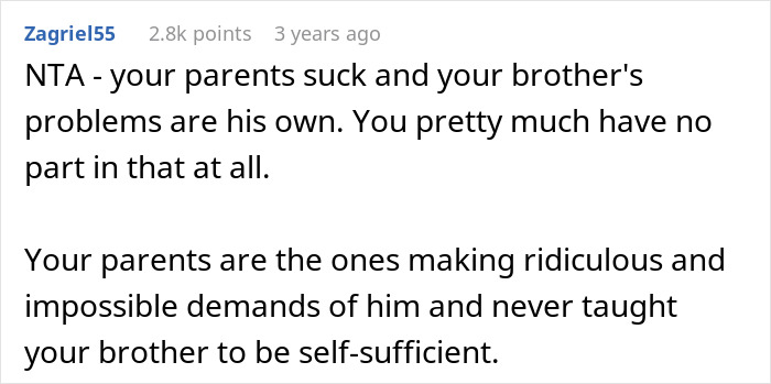 Reddit comment discussing parents disowning a gay brother and blaming them for his lack of self-sufficiency. Reddit comment discussing parents disowning a gay brother and blaming them for his lack of self-sufficiency.