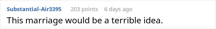 Screenshot of an online comment stating that canceling the wedding is a terrible idea amid fiancée’s family hiring a PI. Screenshot of an online comment stating that canceling the wedding is a terrible idea amid fiancée’s family hiring a PI.
