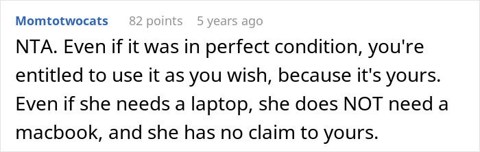 Comment discussing entitlement to use an old laptop, mentioning the cat receiving it instead of the sister in an online debate.