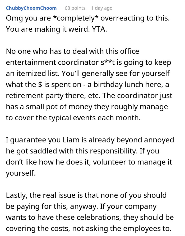 Reddit comment discussing shady fund manager and woman refusing to pay without receipts in office entertainment context. Reddit comment discussing shady fund manager and woman refusing to pay without receipts in office entertainment context.