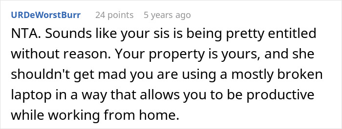Reddit comment discussing entitlement and productivity after giving old laptop to cat instead of sister.