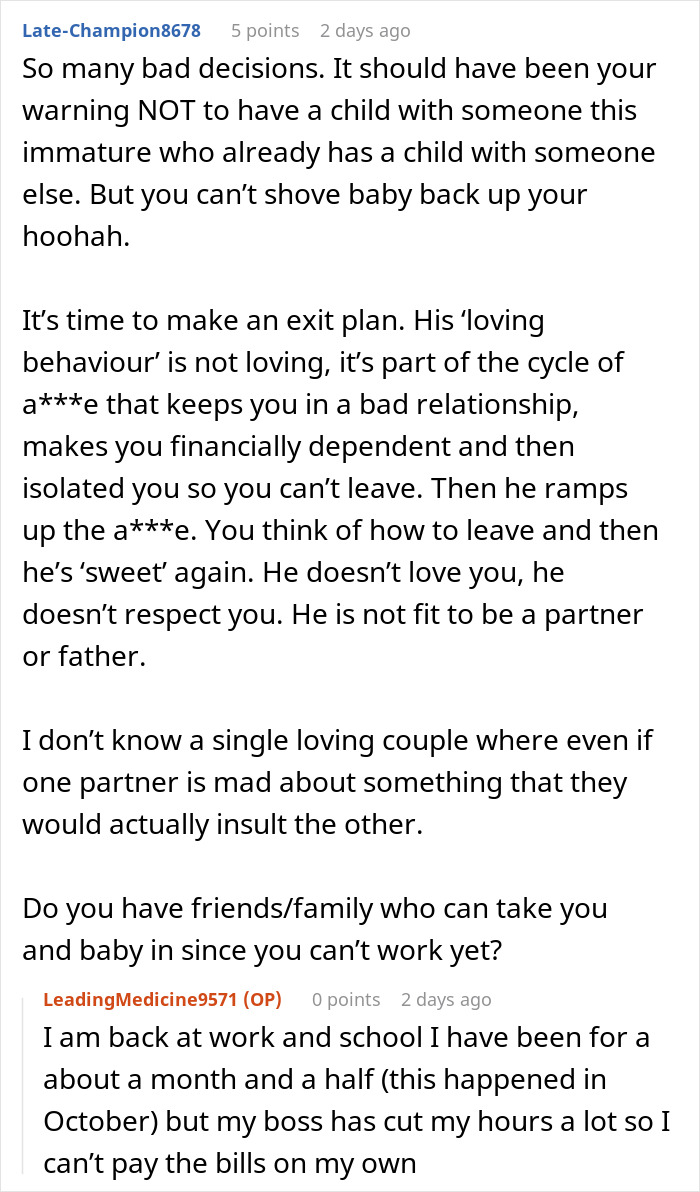 Commenter advises woman to rethink her relationship after boyfriend abandons her and newborn to party for over 18 hours. Commenter advises woman to rethink her relationship after boyfriend abandons her and newborn to party for over 18 hours.