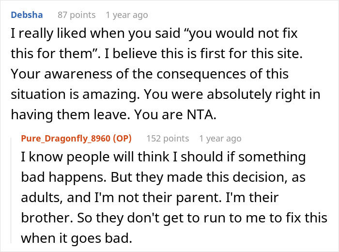 Reddit comments showing a guy explaining why he kicks siblings out after they share their surprise plan with him. Reddit comments showing a guy explaining why he kicks siblings out after they share their surprise plan with him.