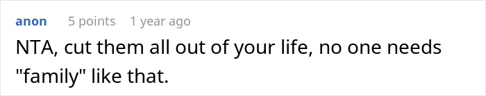 Screenshot of an online comment advising to cut out toxic family after Disney trip exclusion causes conflict. Screenshot of an online comment advising to cut out toxic family after Disney trip exclusion causes conflict.