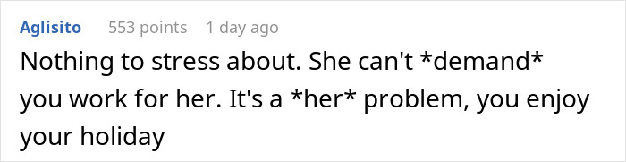 Screenshot of a social media comment about a woman feeling entitled to a day off on Christmas because of her kids.