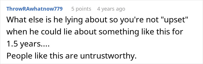 Comment on social media showing user calling someone untrustworthy for lying, relating to woman upset boyfriend throwing away cooked lunches. Comment on social media showing user calling someone untrustworthy for lying, relating to woman upset boyfriend throwing away cooked lunches.