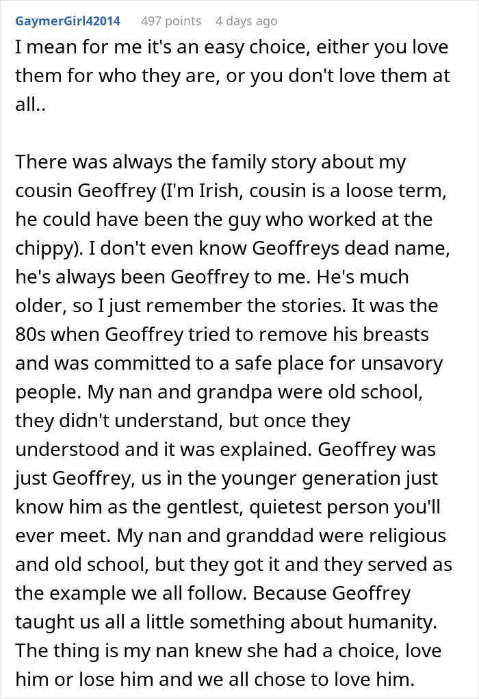 Reddit comment discussing family challenges and acceptance after a son comes out amid transphobic reactions.