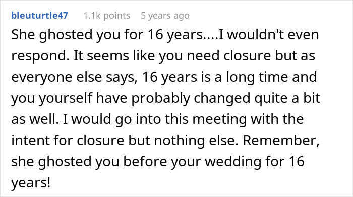 Comment discussing a man left without closure after fianc&eacute; disappears before wedding, then hears from her 16 years later.