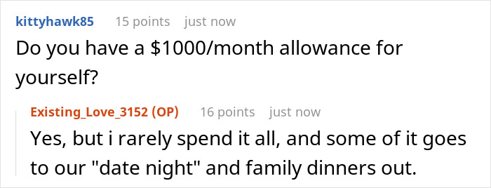 Screenshot of a Reddit conversation about a SAHM feeling poor despite receiving a $1000 monthly allowance from husband. Screenshot of a Reddit conversation about a SAHM feeling poor despite receiving a $1000 monthly allowance from husband.