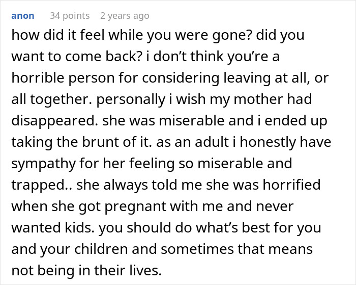 Comment expressing sympathy for a mom who ran away from her 3 kids on Christmas, reflecting on trauma and motherhood struggles.
