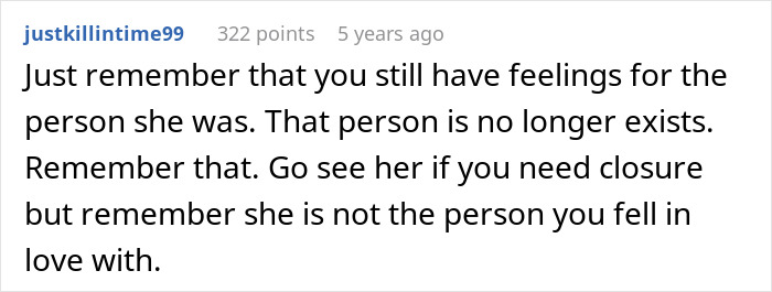 Screenshot of a Reddit comment discussing feelings and closure after a fianc&eacute; disappears before a wedding.
