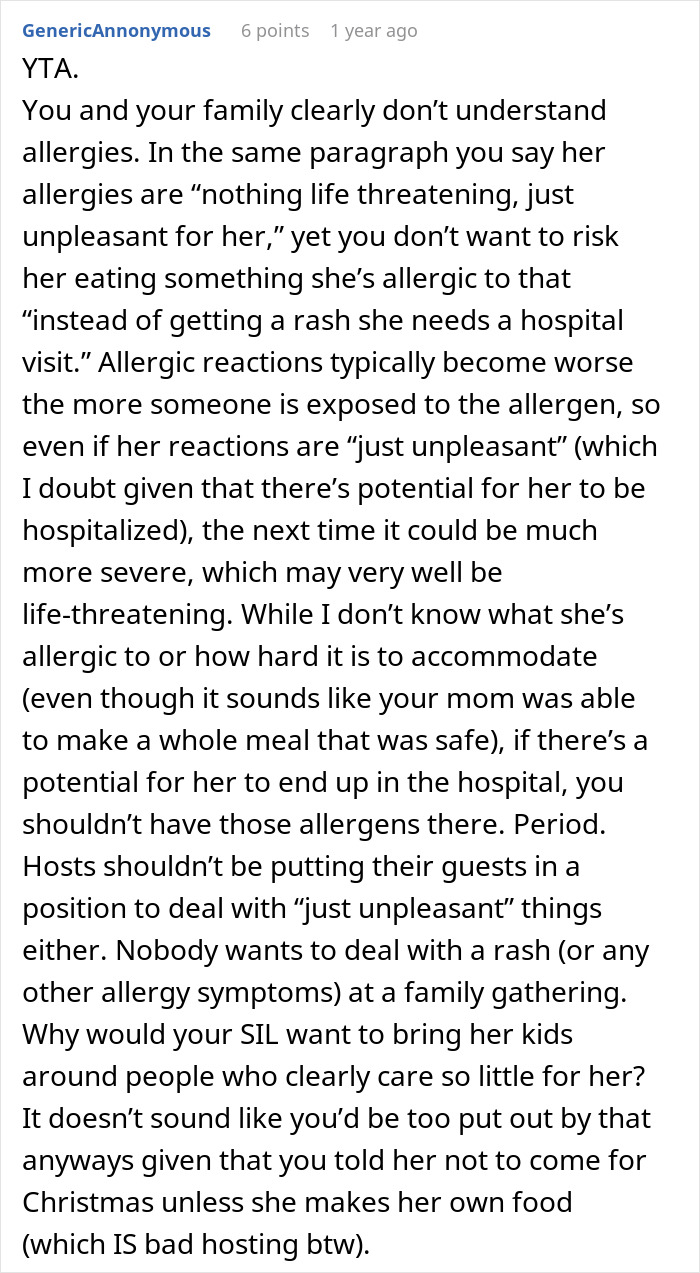 Comment discussing family conflicts over allergies and the challenges of accommodating allergy needs at gatherings. Comment discussing family conflicts over allergies and the challenges of accommodating allergy needs at gatherings.