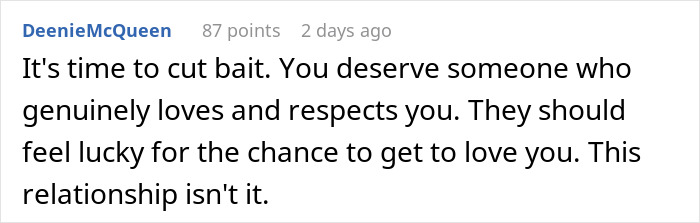 Screenshot of a Reddit comment advising a woman about respect and love after her boyfriend says she must earn an engagement ring.
