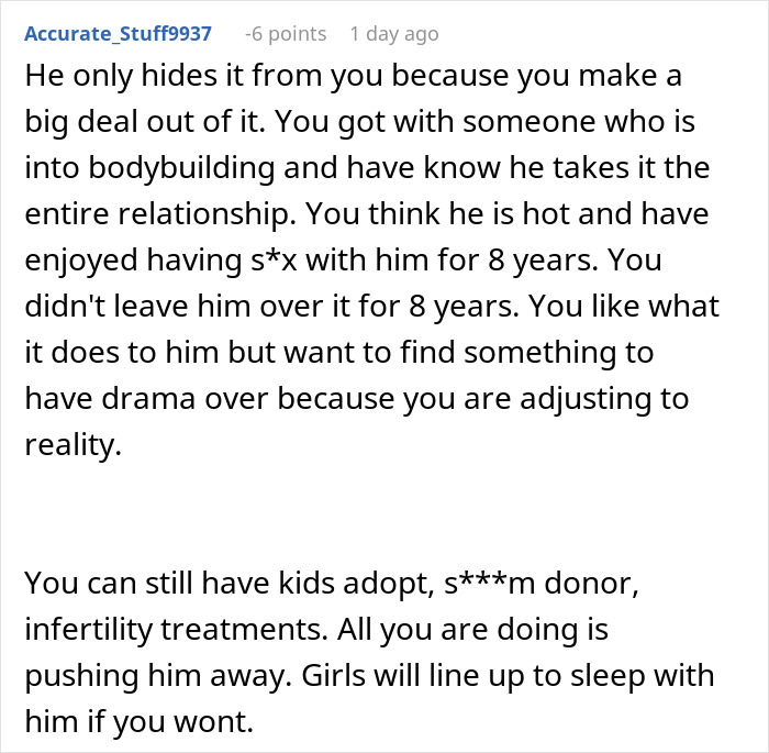 Comment discussing a woman confronting her husband about risking their future child's health after exposing his lie. Comment discussing a woman confronting her husband about risking their future child's health after exposing his lie.