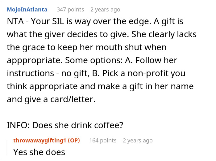 Commenter advises no gift or a charity gift for SIL, discussing options for SIL Christmas gift list and coffee preference. Commenter advises no gift or a charity gift for SIL, discussing options for SIL Christmas gift list and coffee preference.