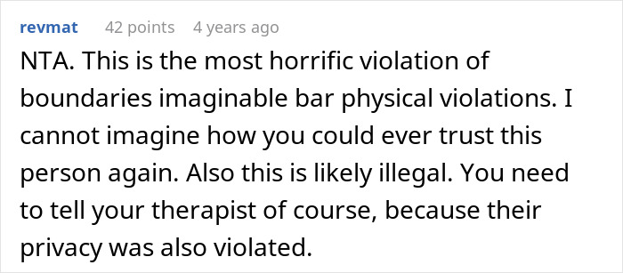 Comment discussing the violation of privacy after a guy records wife’s private therapy sessions out of concern. Comment discussing the violation of privacy after a guy records wife’s private therapy sessions out of concern.