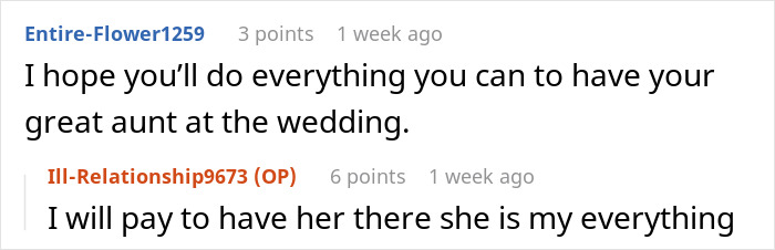 Screenshot of a forum conversation about bride&rsquo;s parents throwing tantrums and great aunt getting involved in wedding drama.