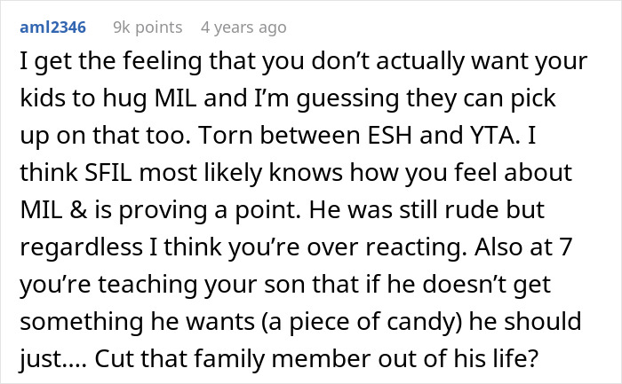 Comment discussing step-grandpa being banned from visiting kids after denying candy for refusing hug from granny in a family dispute.