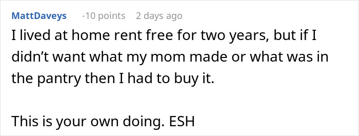 Comment about mom accused of embarrassing son’s girlfriend who offered to cook meals, discussing living rent free and food preferences. Comment about mom accused of embarrassing son’s girlfriend who offered to cook meals, discussing living rent free and food preferences.