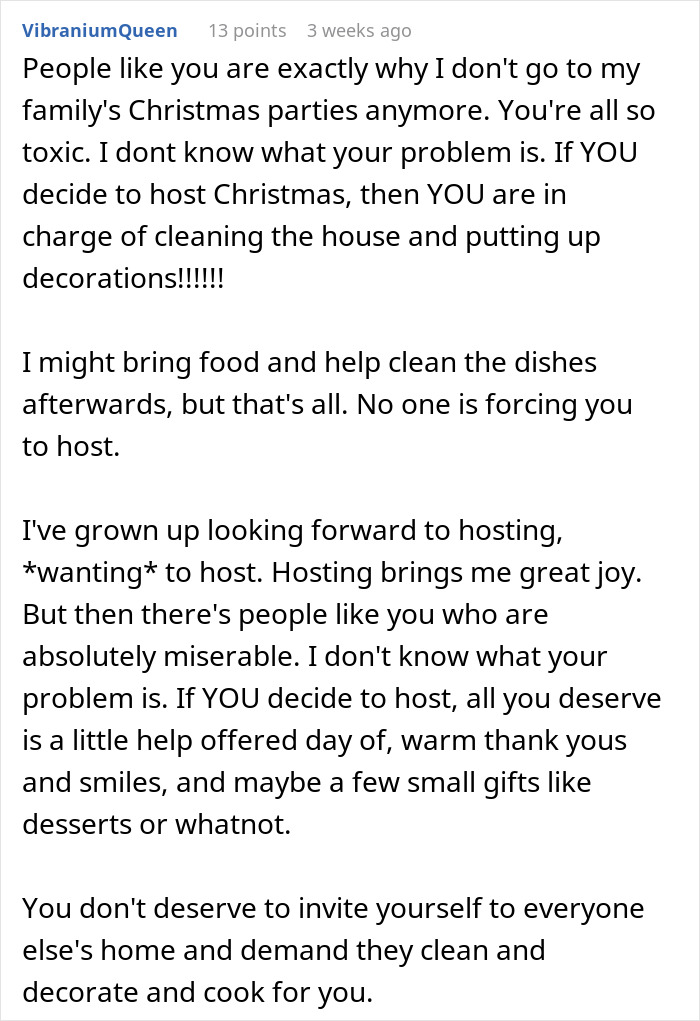 Woman criticizes adults claiming feminism while leaving moms to do all Christmas labor in a family Christmas discussion. Woman criticizes adults claiming feminism while leaving moms to do all Christmas labor in a family Christmas discussion.