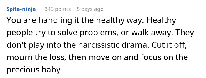 Comment discussing handling family drama healthily after MIL refuses to believe premature birth, focusing on the precious baby.