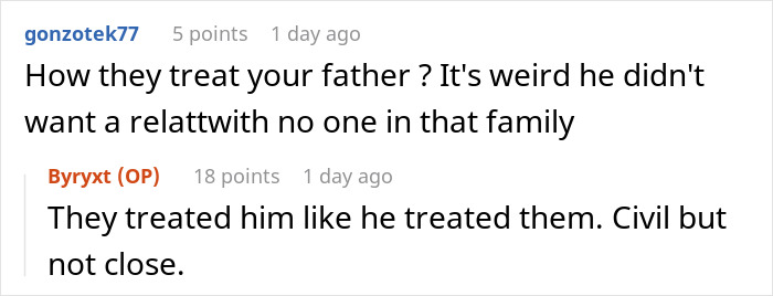 Screenshot of a Reddit conversation discussing a dad cutting off late wife’s family then demanding they accept his new baby. Screenshot of a Reddit conversation discussing a dad cutting off late wife’s family then demanding they accept his new baby.